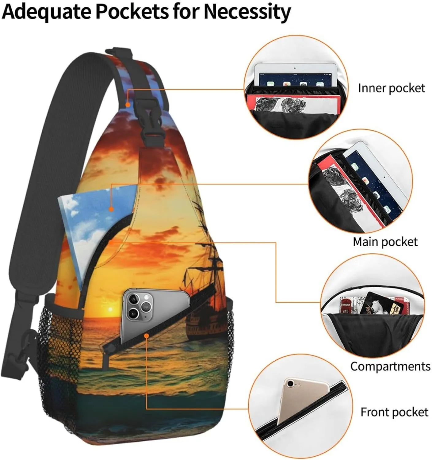 Crossbody Bag for Women Men Pirate ship in the sunset Chest Bag Crossbody Sling Bag Adjustable Shoulder Bag