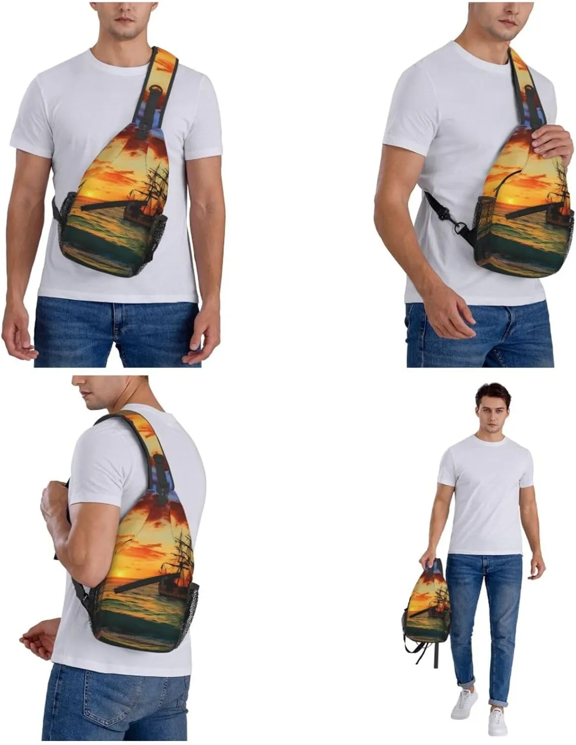 Crossbody Bag for Women Men Pirate ship in the sunset Chest Bag Crossbody Sling Bag Adjustable Shoulder Bag