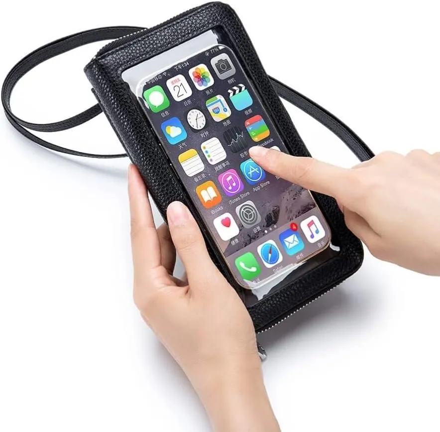 Crossbody Mini Handbag Genuine Leather Transparent Touch Screen Phone Wallet for Women