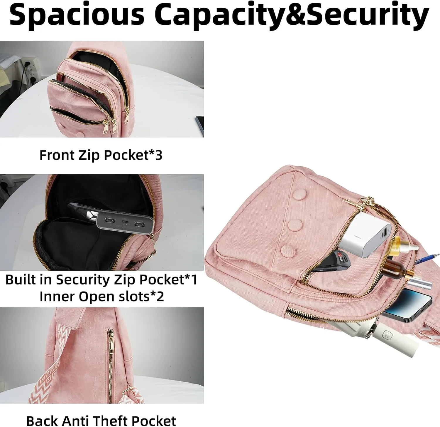 Crossbody Sling Bag for Women Men Crossbody Bag Fanny Packs Purses Fashion Multifunction Faux Leather Chest Bag Travel Anti Theft (Pink)