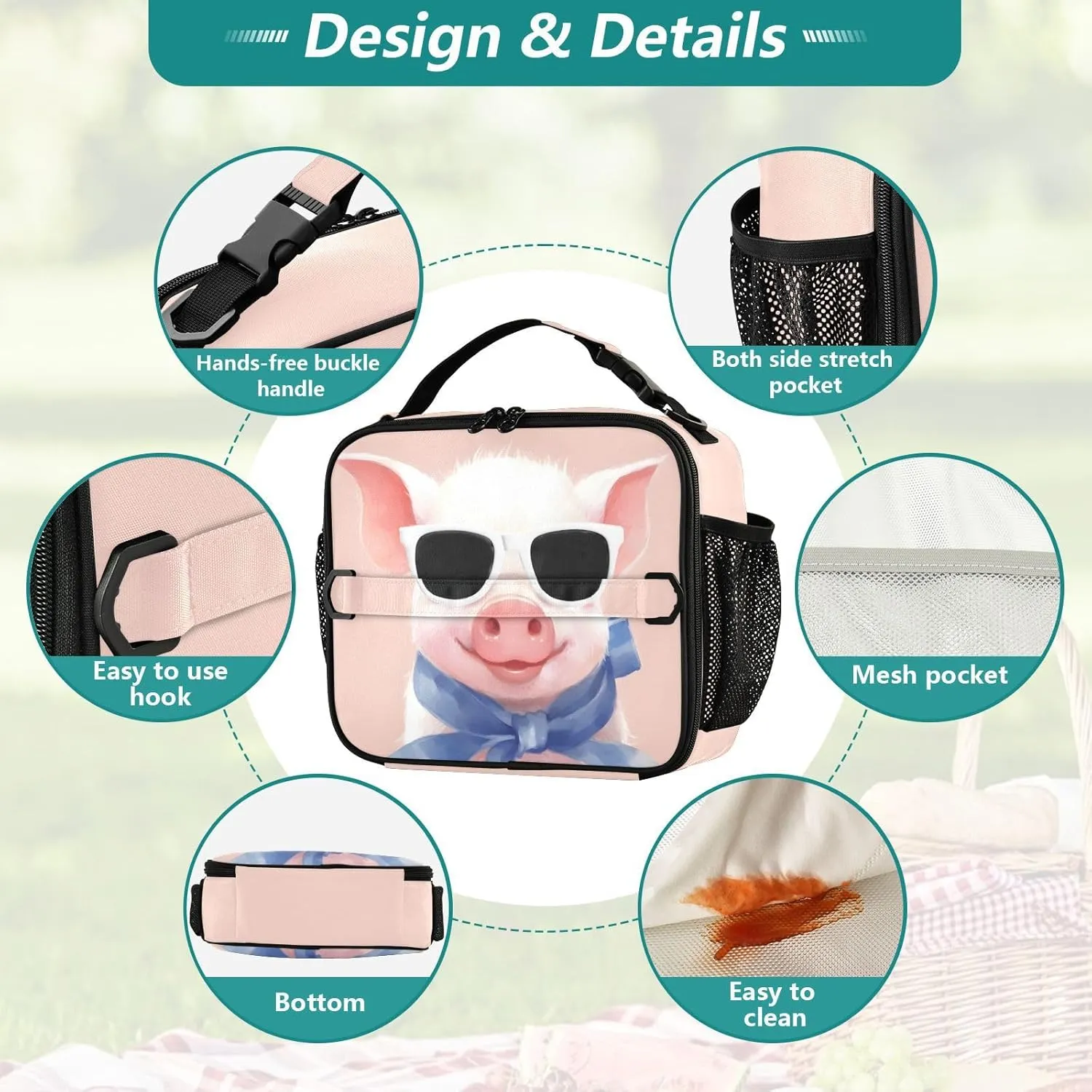 Cute Pig Lunch Bag Insulated Reusable Lunch Box with Adjustable Shoulder Belt Portable Lunch Tote Bag Cooler Bag for Women Girls Travel Office Picnic