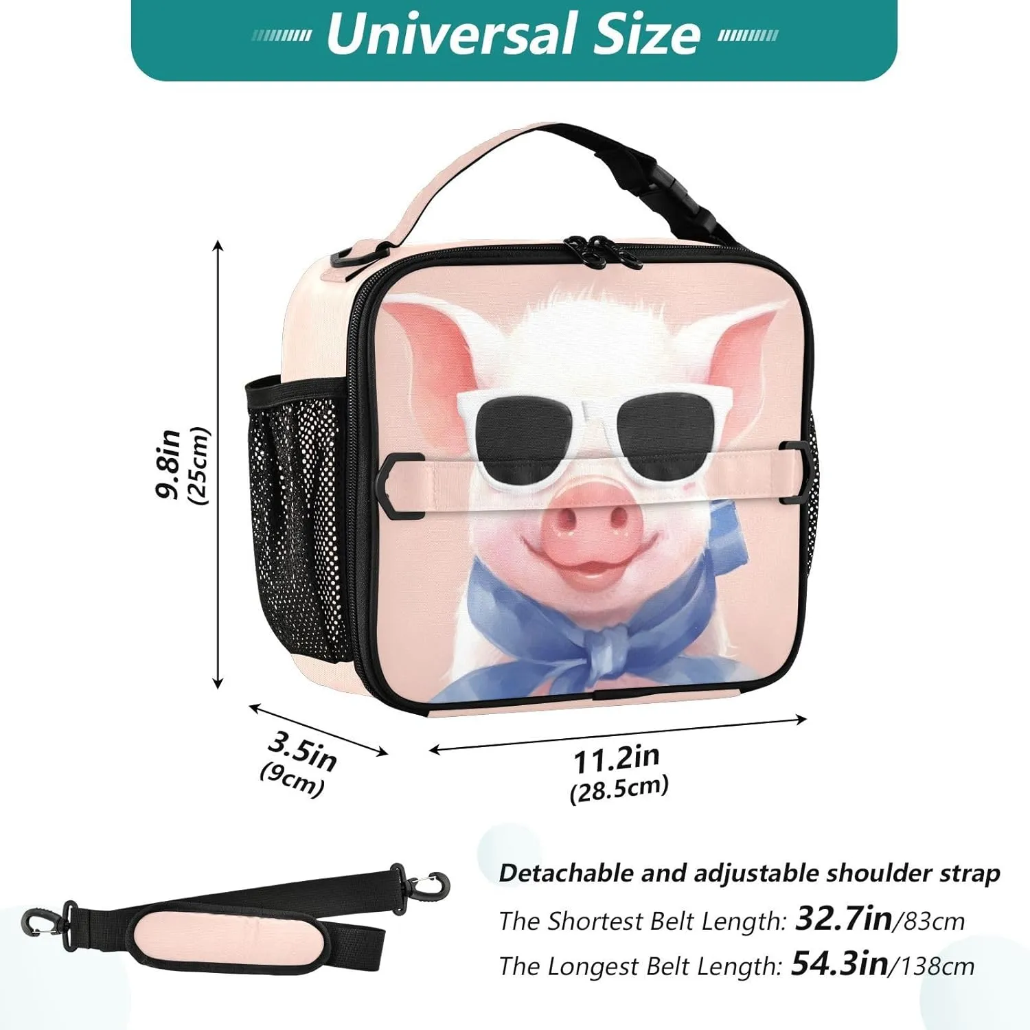 Cute Pig Lunch Bag Insulated Reusable Lunch Box with Adjustable Shoulder Belt Portable Lunch Tote Bag Cooler Bag for Women Girls Travel Office Picnic