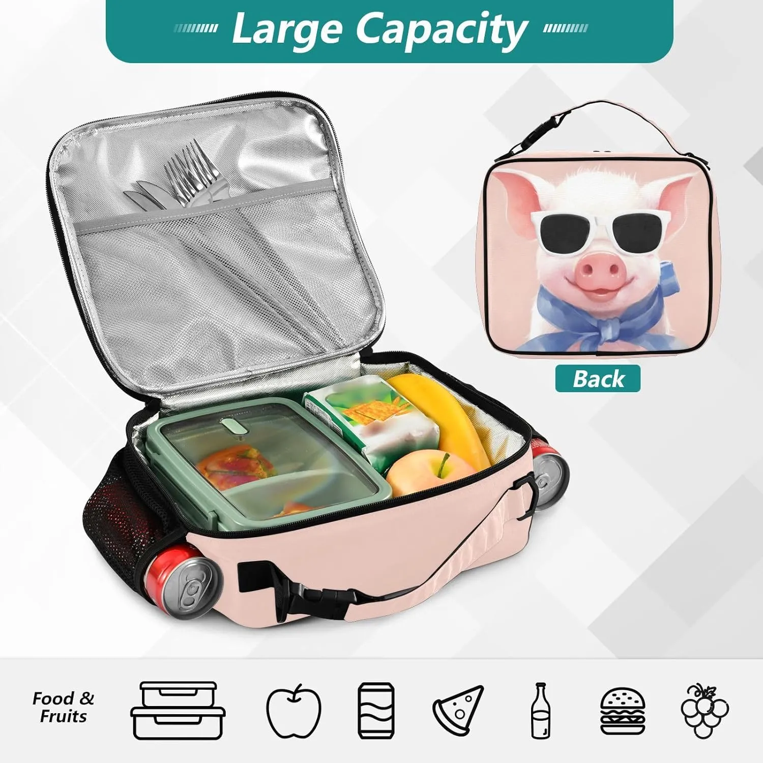 Cute Pig Lunch Bag Insulated Reusable Lunch Box with Adjustable Shoulder Belt Portable Lunch Tote Bag Cooler Bag for Women Girls Travel Office Picnic