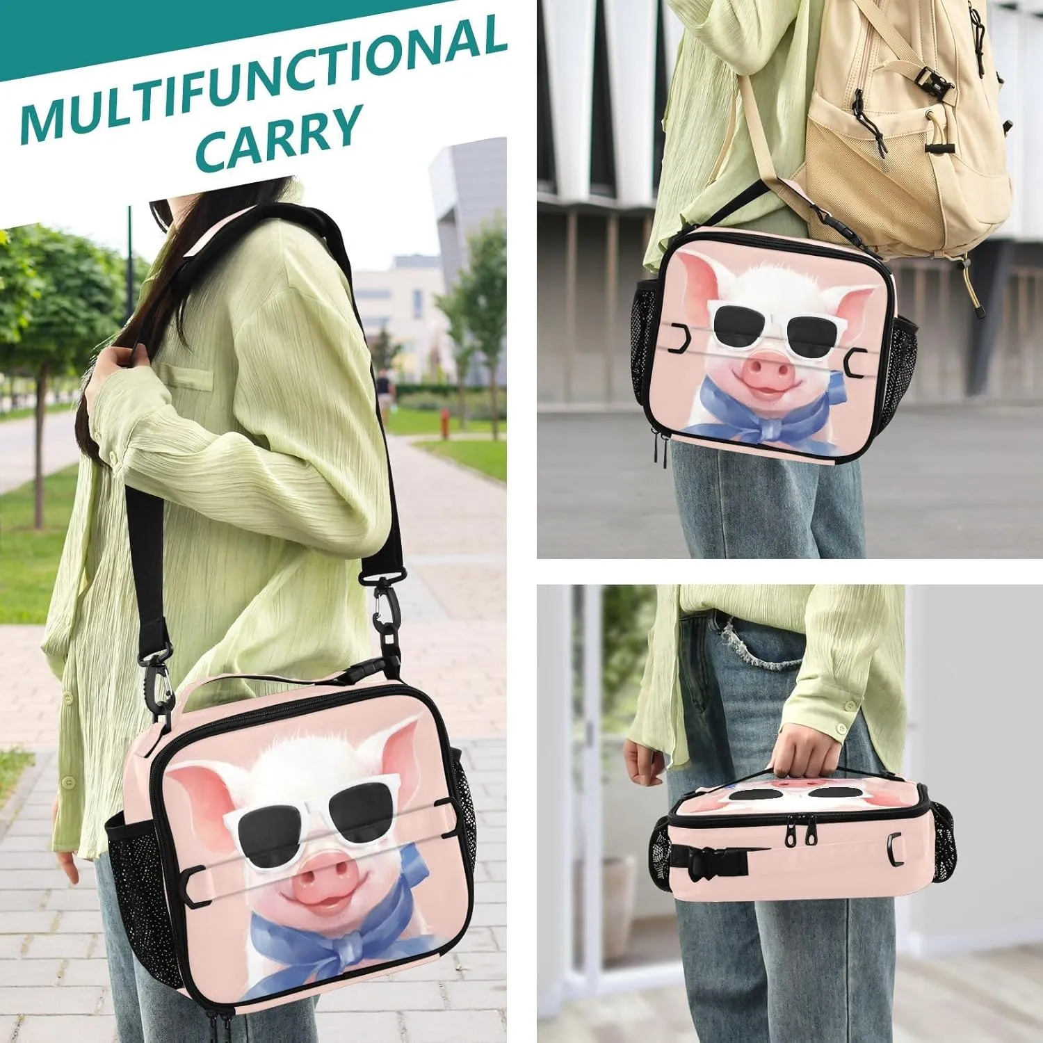 Cute Pig Lunch Bag Insulated Reusable Lunch Box with Adjustable Shoulder Belt Portable Lunch Tote Bag Cooler Bag for Women Girls Travel Office Picnic