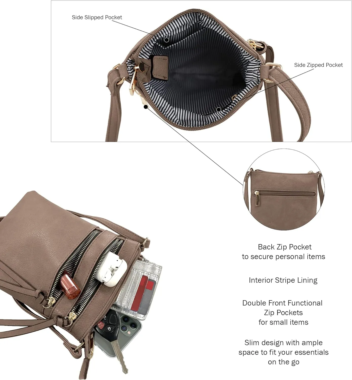 DELUXITY | Crossbody Purse Bag | Functional Multi Pocket Double Zipper Purse | Adjustable Strap | Medium Size Purse |Dark Taupe