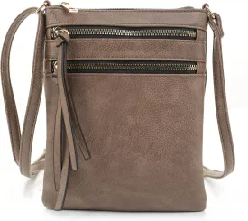 DELUXITY | Crossbody Purse Bag | Functional Multi Pocket Double Zipper Purse | Adjustable Strap | Medium Size Purse |Dark Taupe
