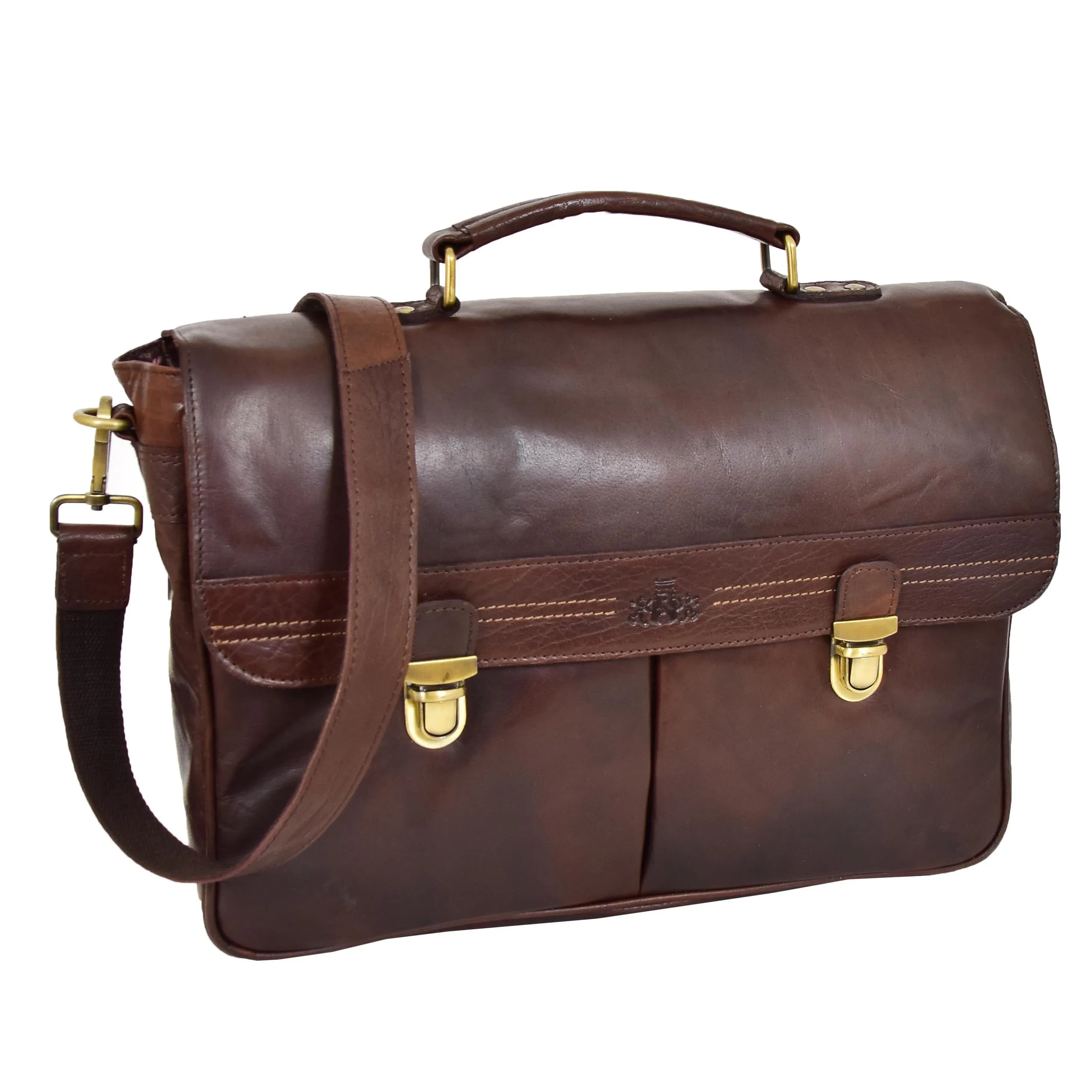 DR457 Men's Leather Briefcase Cross Body Satchel Bag Brown