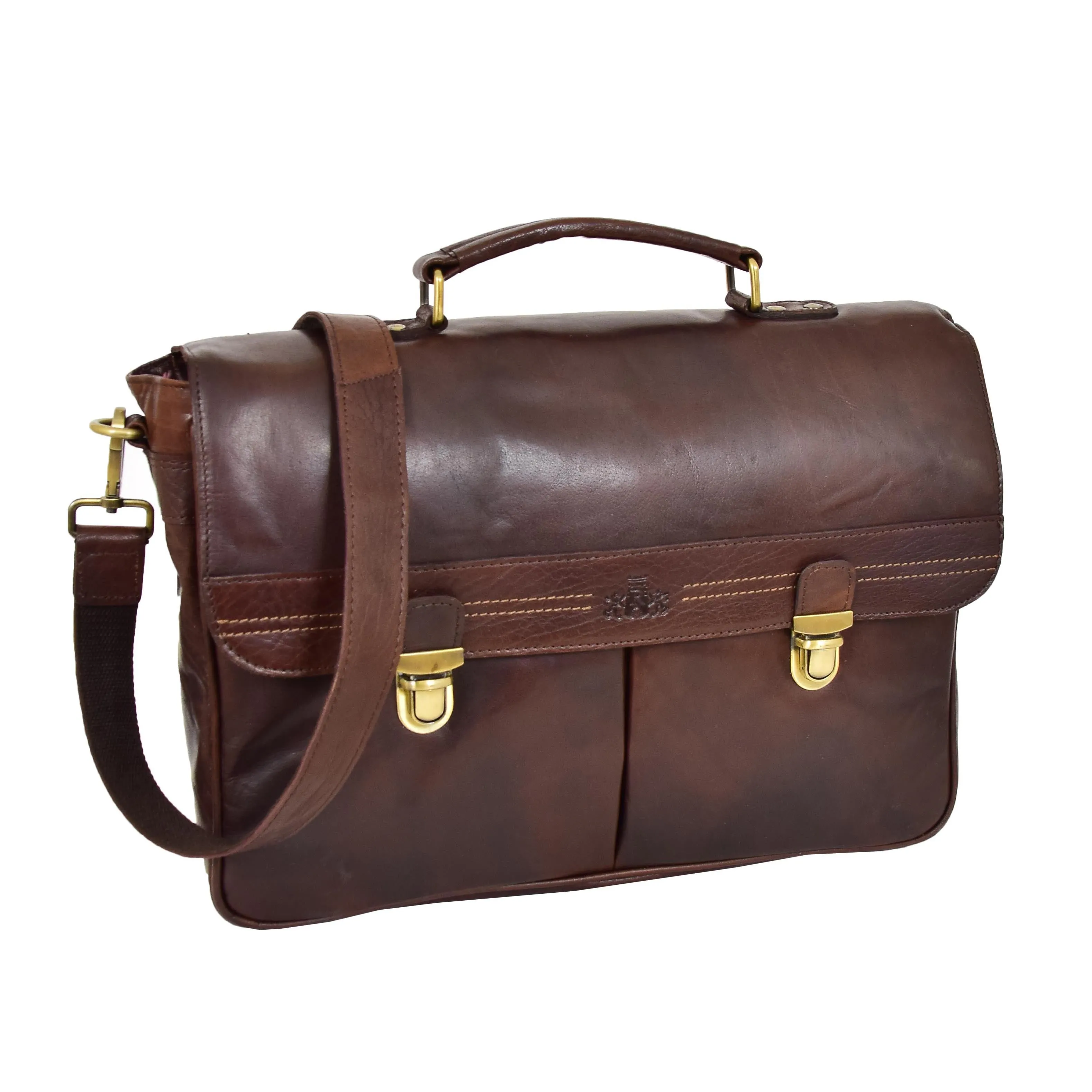 DR457 Men's Leather Briefcase Cross Body Satchel Bag Brown