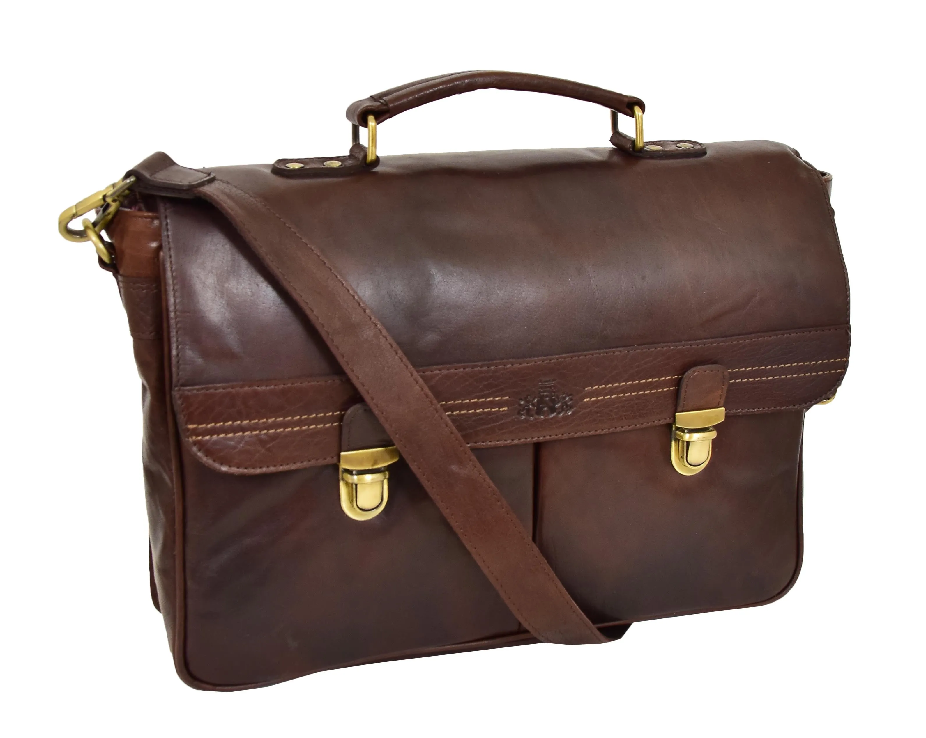 DR457 Men's Leather Briefcase Cross Body Satchel Bag Brown