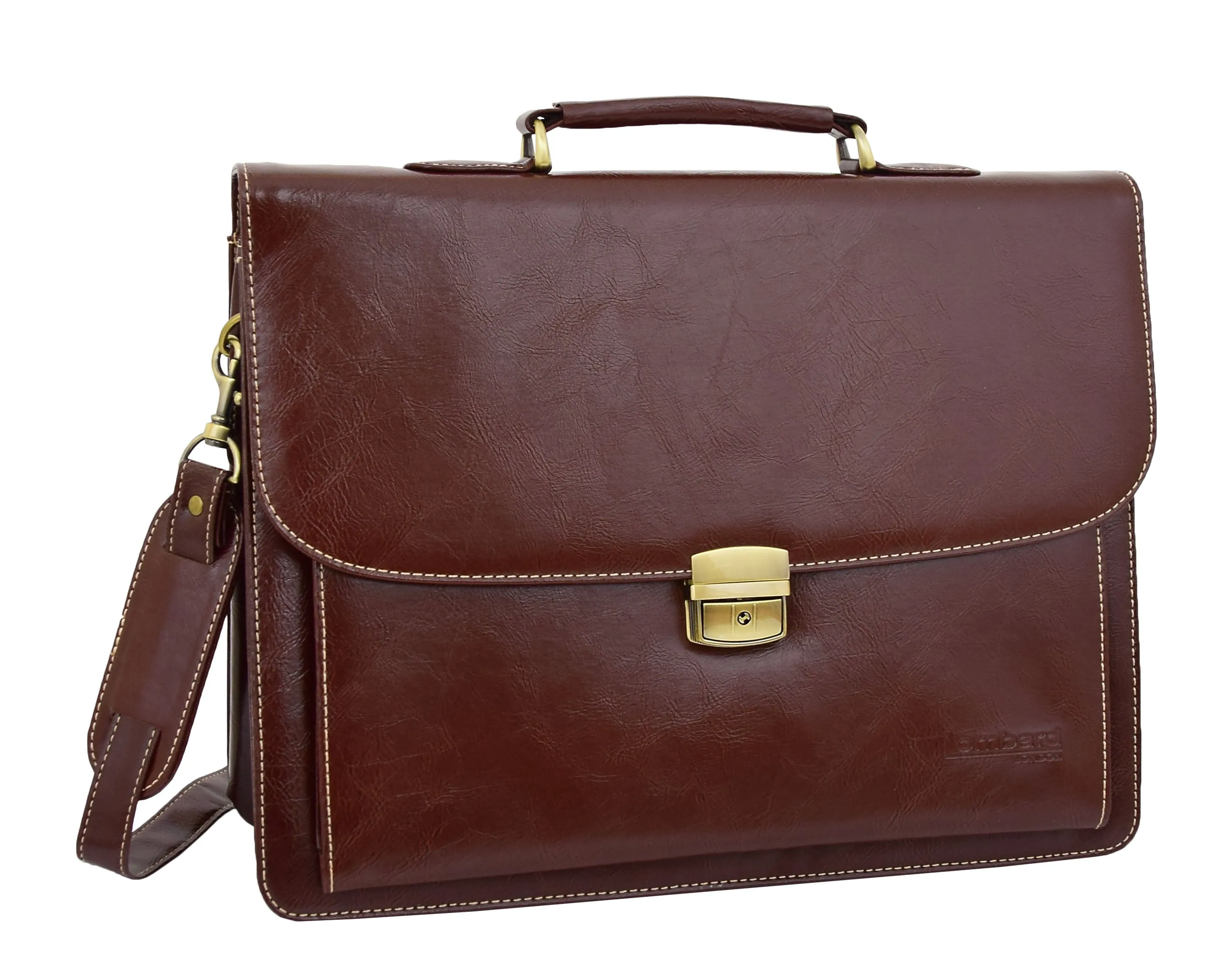 DR475 Men's Faux Leather Flap Over Briefcase Brown