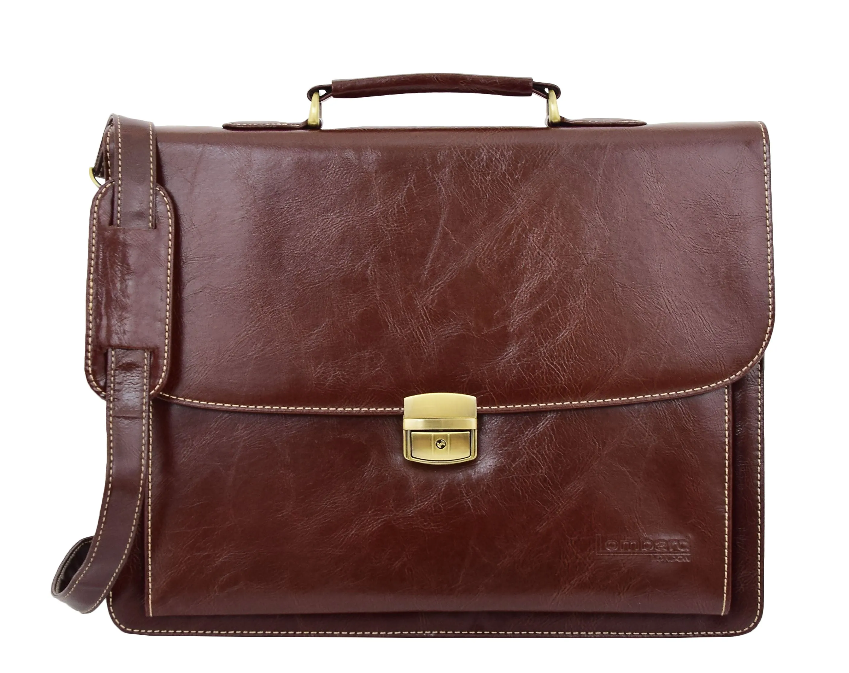 DR475 Men's Faux Leather Flap Over Briefcase Brown