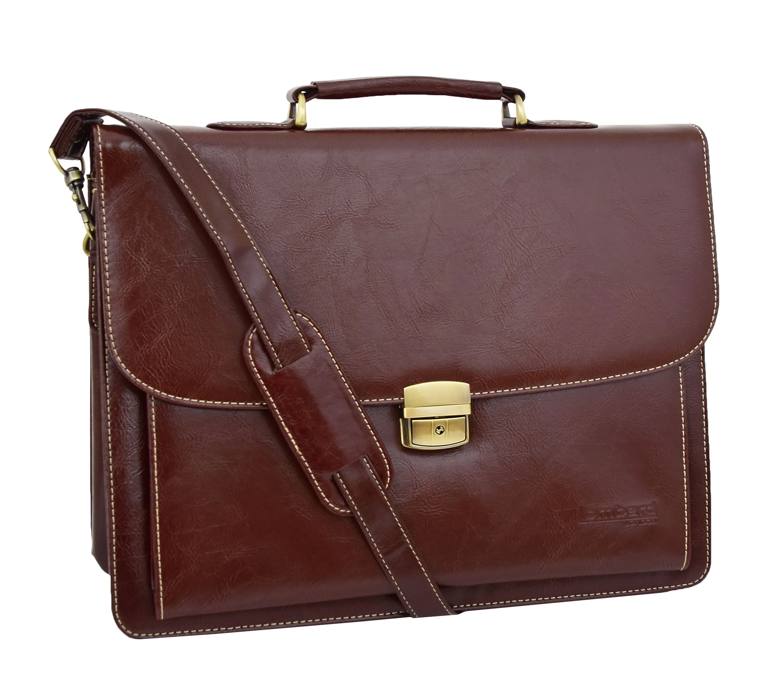 DR475 Men's Faux Leather Flap Over Briefcase Brown