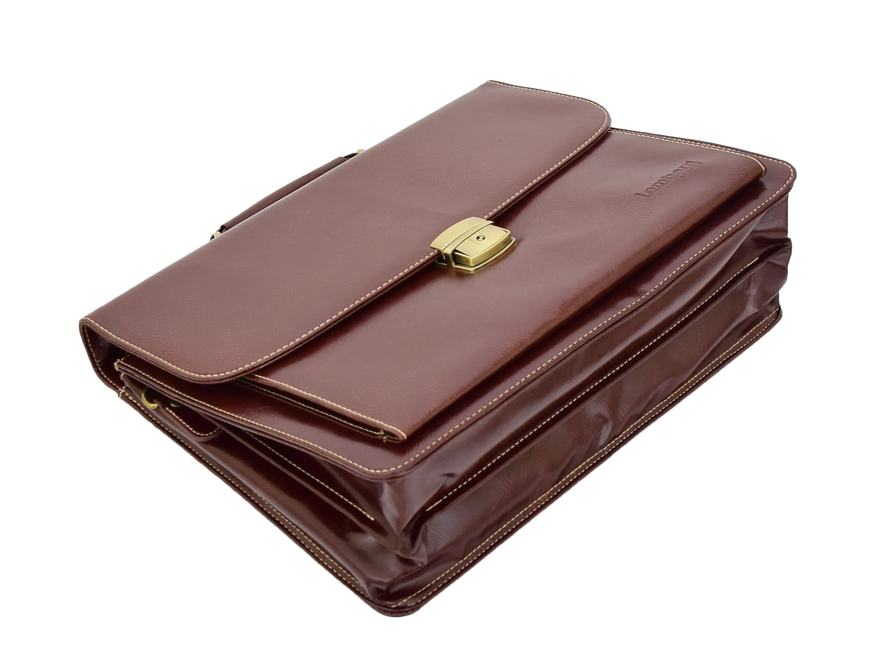 DR475 Men's Faux Leather Flap Over Briefcase Brown