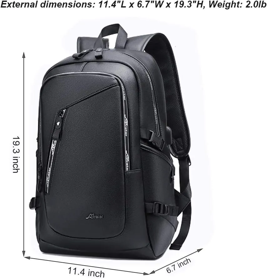 DYJ Vegan Leather Laptop Backpack for Women&Men, PU Vintage Travel Daypacks with USB Charging Port 17 Inch Laptop
