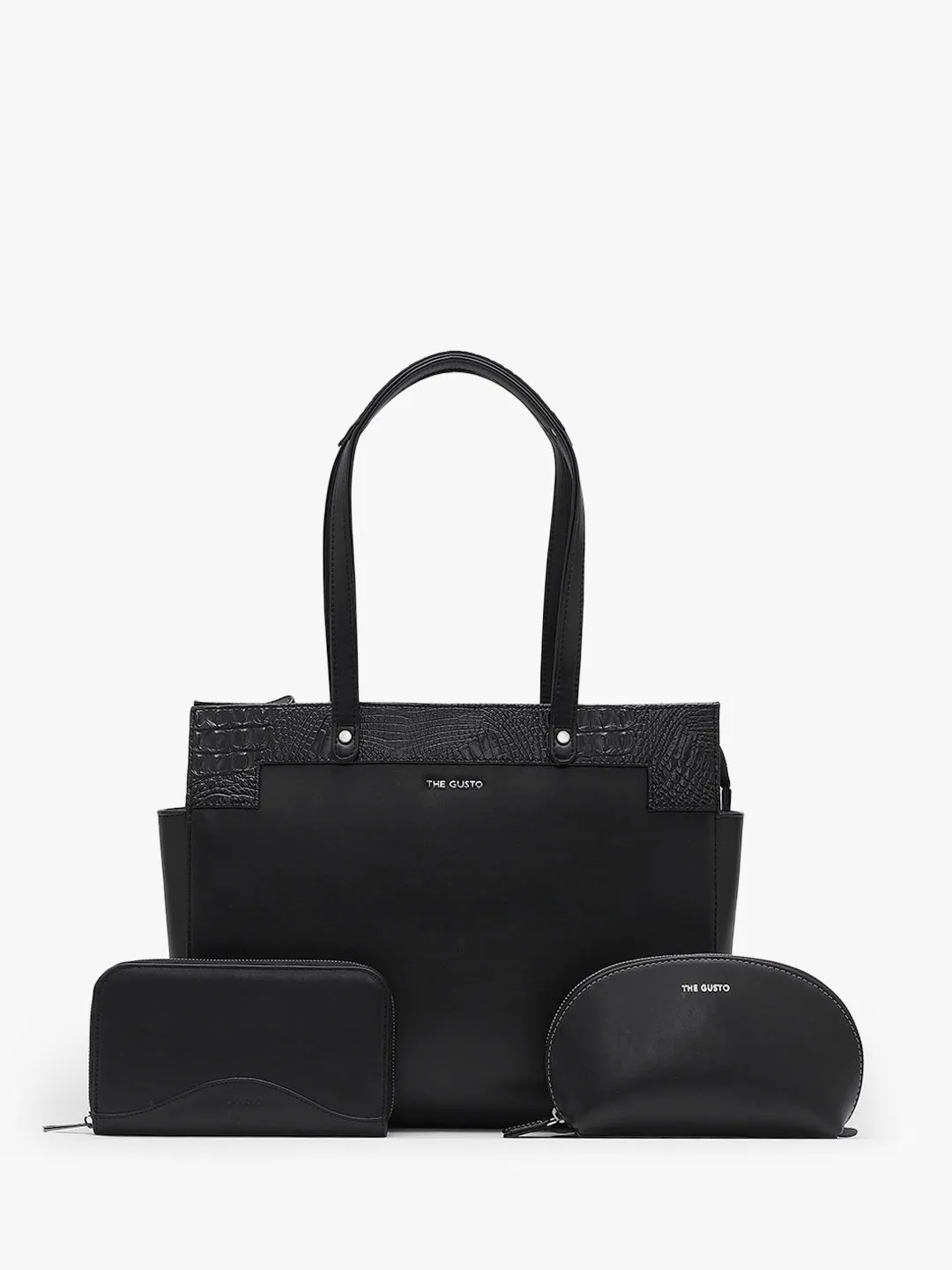 Estelle Croco Tote Bag - Black   Pouch & Wallet Combo