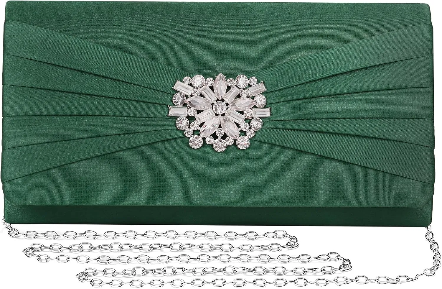 Evening Bags For Women Pleated Satin Rhinestone Brooch Prom Clutch Purse With Detachable Chain Strap