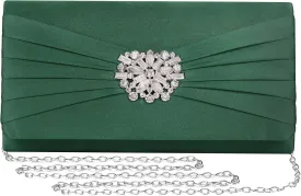 Evening Bags For Women Pleated Satin Rhinestone Brooch Prom Clutch Purse With Detachable Chain Strap