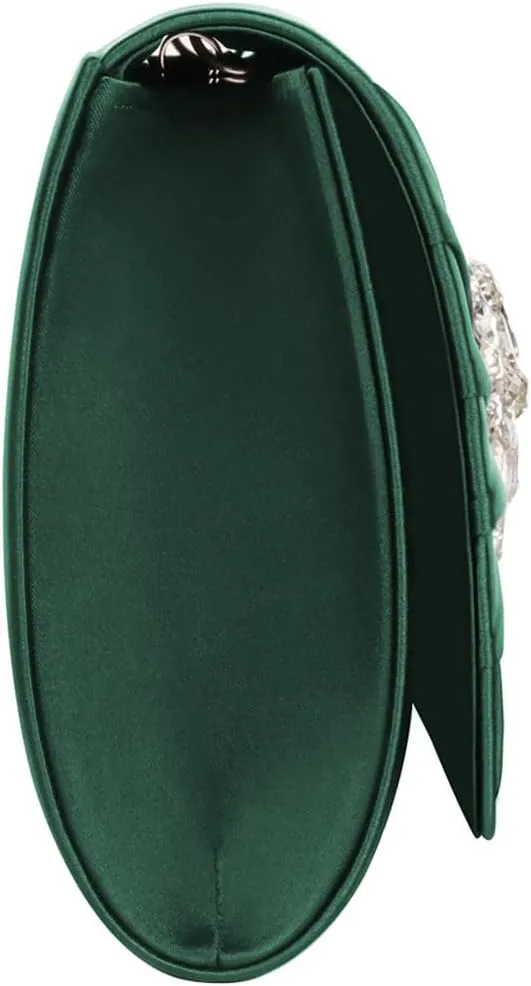 Evening Bags For Women Pleated Satin Rhinestone Brooch Prom Clutch Purse With Detachable Chain Strap