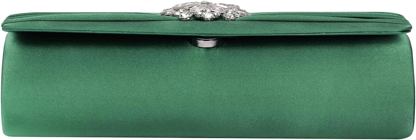 Evening Bags For Women Pleated Satin Rhinestone Brooch Prom Clutch Purse With Detachable Chain Strap