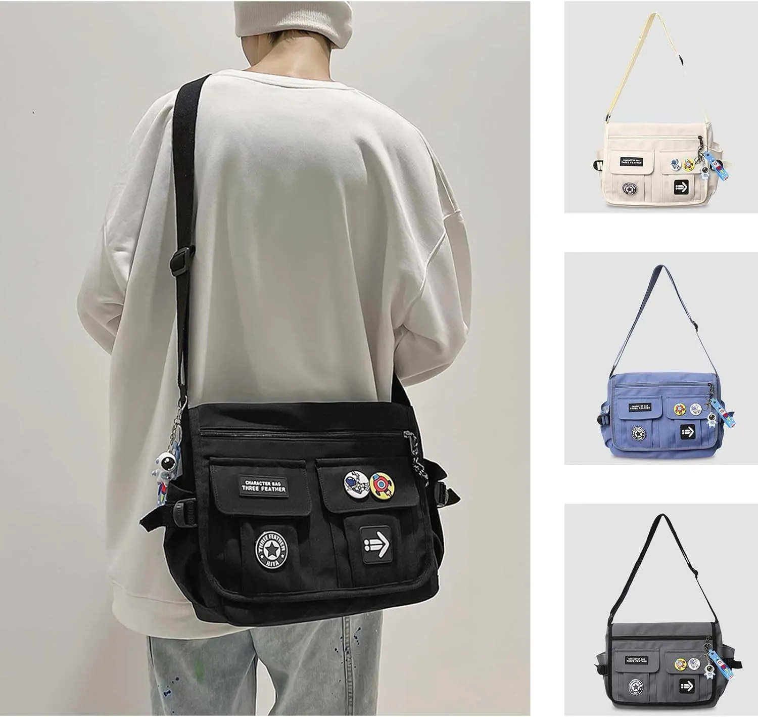 Fashion Crossbody Bag with Cute Accessories Nylon Casual Messenger Bag with Pendant Lightweight Handbag Travel Daypacks (Black)