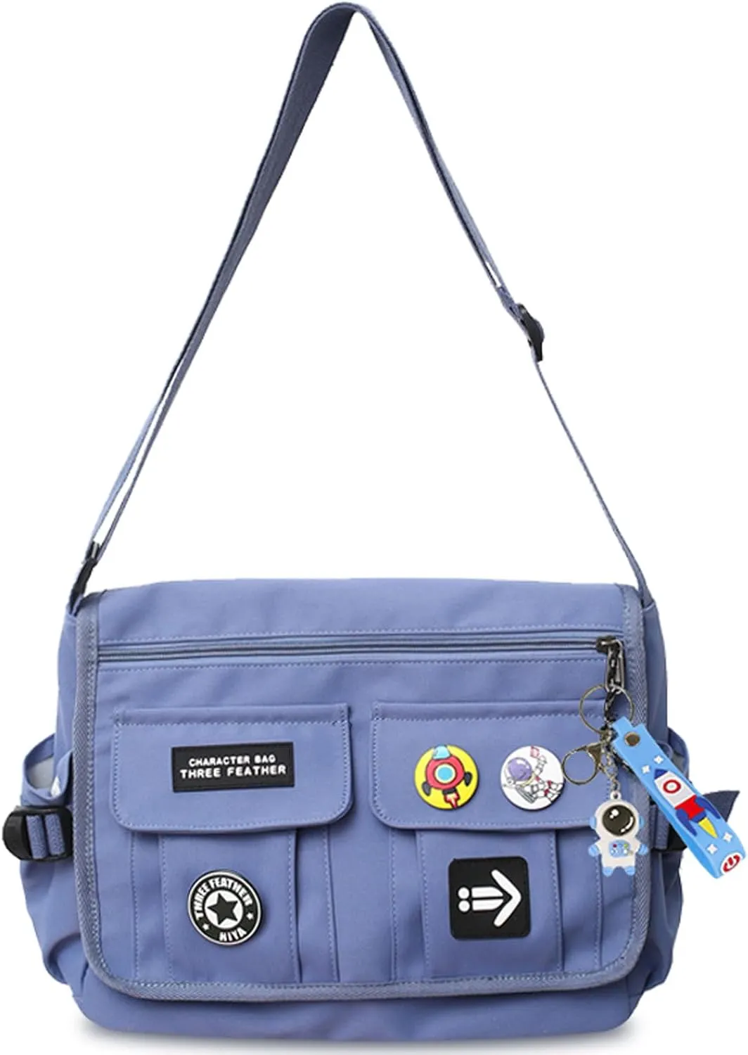 Fashion Crossbody Bag with Cute Accessories Nylon Casual Messenger Bag with Pendant Lightweight Handbag Travel Daypacks (Blue)