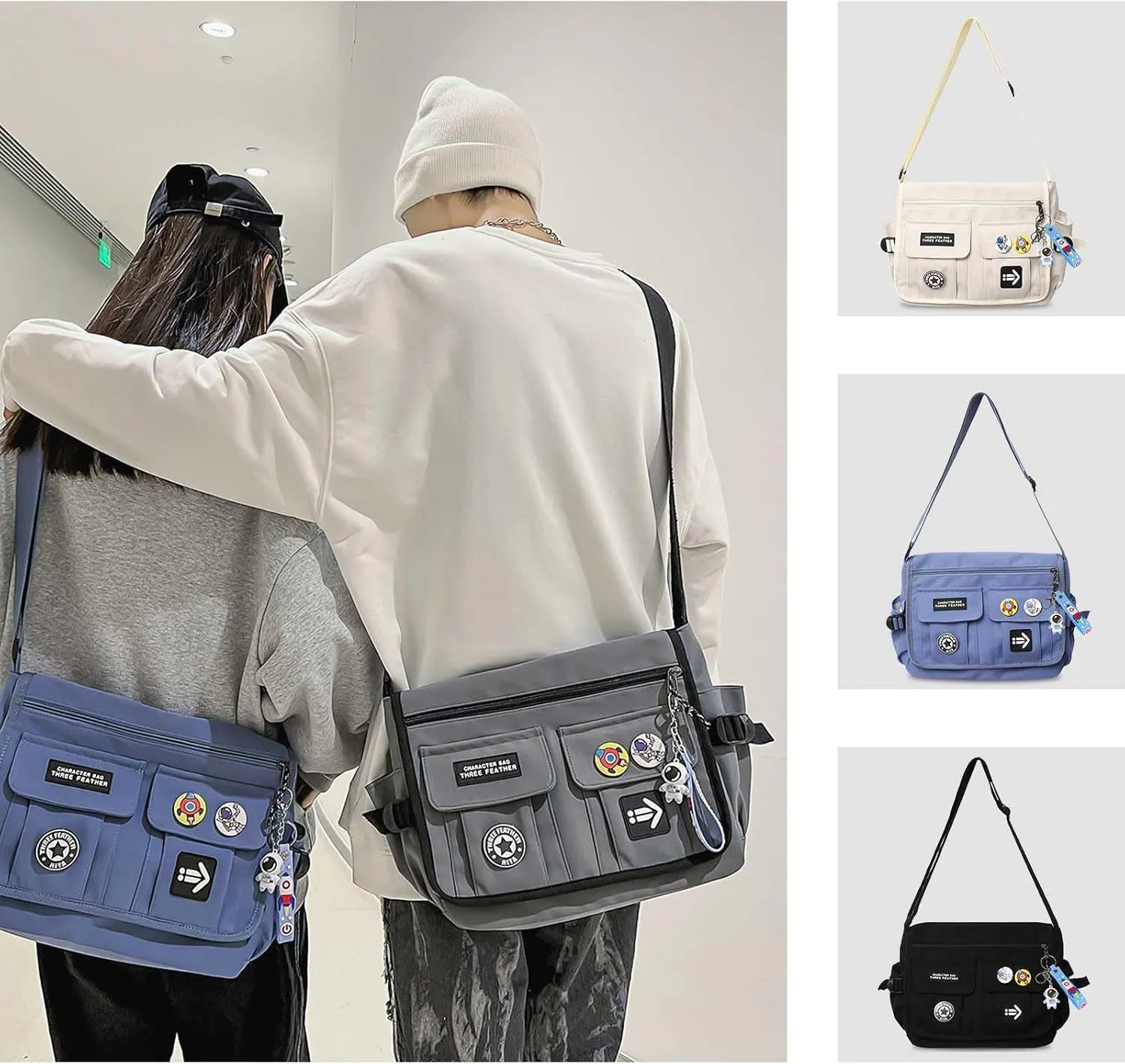 Fashion Crossbody Bag with Cute Accessories Nylon Casual Messenger Bag with Pendant Lightweight Handbag Travel Daypacks (Grey)