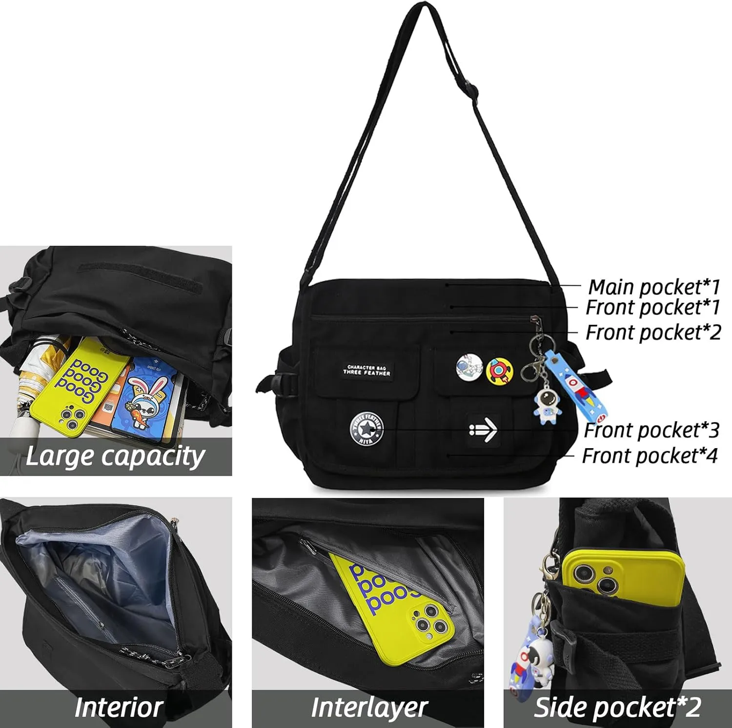 Fashion Crossbody Bag with Cute Accessories Nylon Casual Messenger Bag with Pendant Lightweight Handbag Travel Daypacks (Grey)