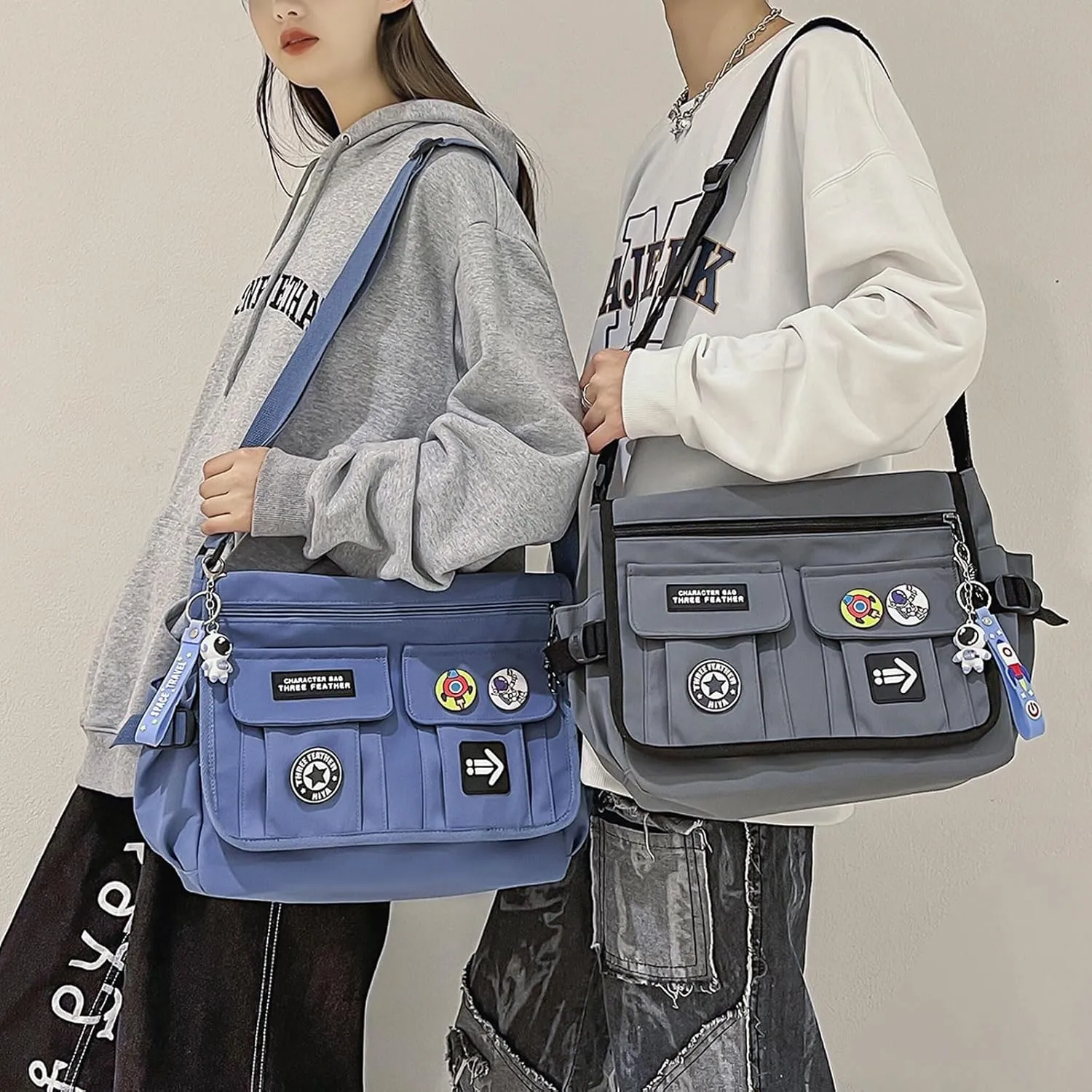 Fashion Crossbody Bag with Cute Accessories Nylon Casual Messenger Bag with Pendant Lightweight Handbag Travel Daypacks (Grey)