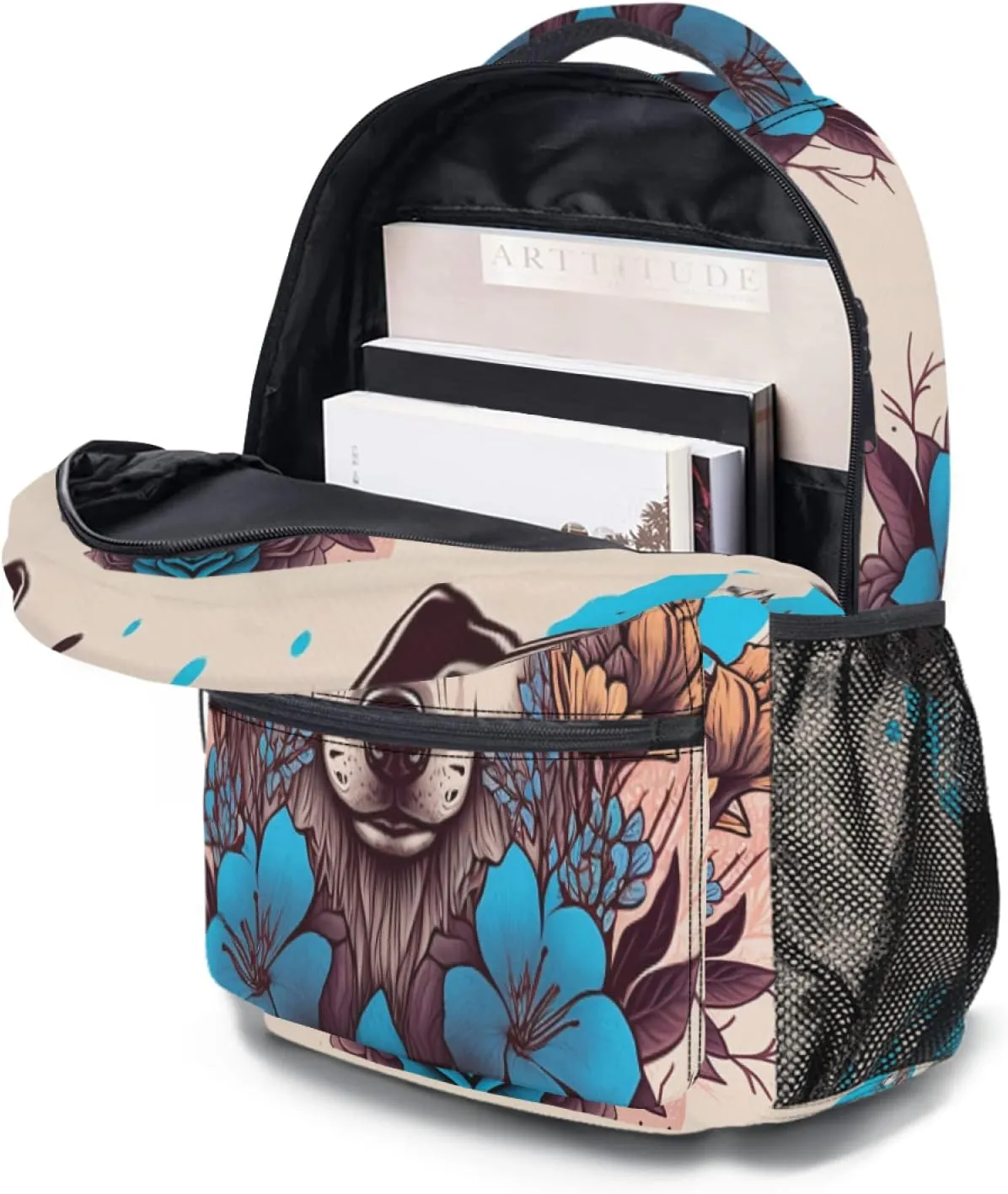 Fashion Wolf Backpack for Boys Girls Preppy Cream Colored Durable Casual Basic Kids Bookbag Cute Blue Floral Lightweight School Bag for Teens Students Travel Hiking Camping Daypack