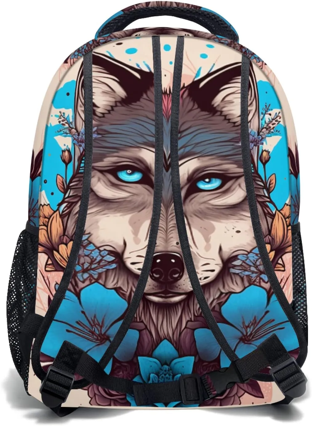 Fashion Wolf Backpack for Boys Girls Preppy Cream Colored Durable Casual Basic Kids Bookbag Cute Blue Floral Lightweight School Bag for Teens Students Travel Hiking Camping Daypack