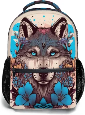 Fashion Wolf Backpack for Boys Girls Preppy Cream Colored Durable Casual Basic Kids Bookbag Cute Blue Floral Lightweight School Bag for Teens Students Travel Hiking Camping Daypack