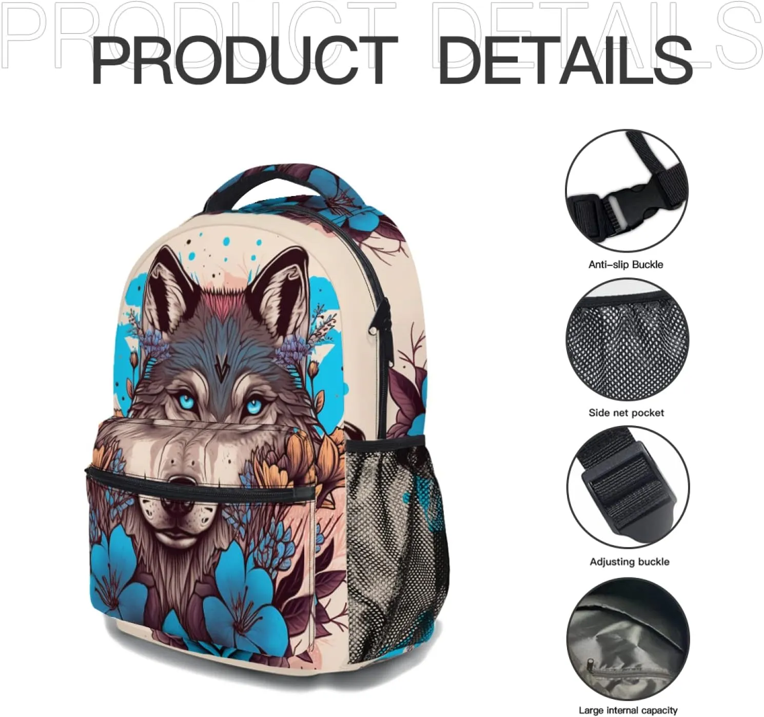 Fashion Wolf Backpack for Boys Girls Preppy Cream Colored Durable Casual Basic Kids Bookbag Cute Blue Floral Lightweight School Bag for Teens Students Travel Hiking Camping Daypack