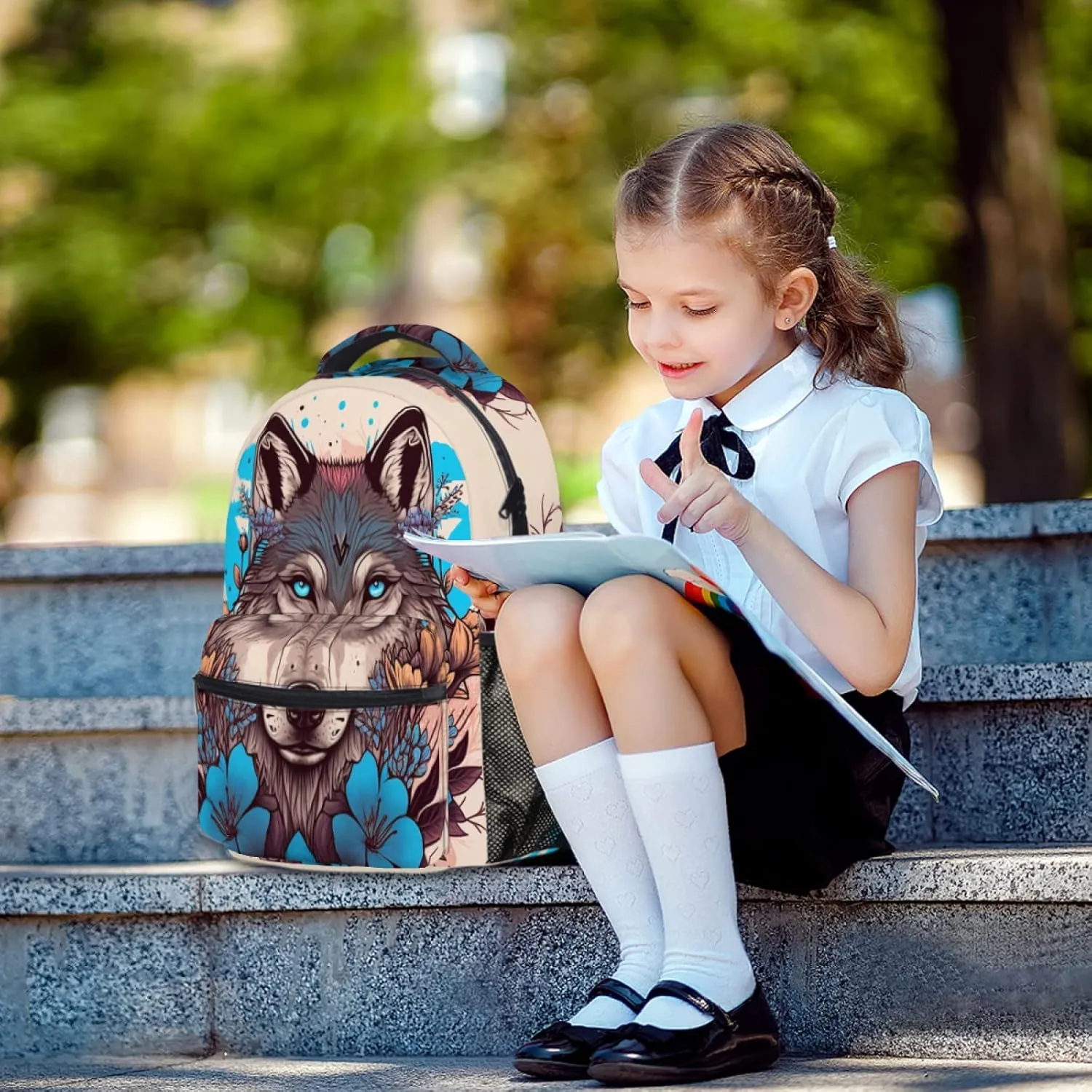 Fashion Wolf Backpack for Boys Girls Preppy Cream Colored Durable Casual Basic Kids Bookbag Cute Blue Floral Lightweight School Bag for Teens Students Travel Hiking Camping Daypack