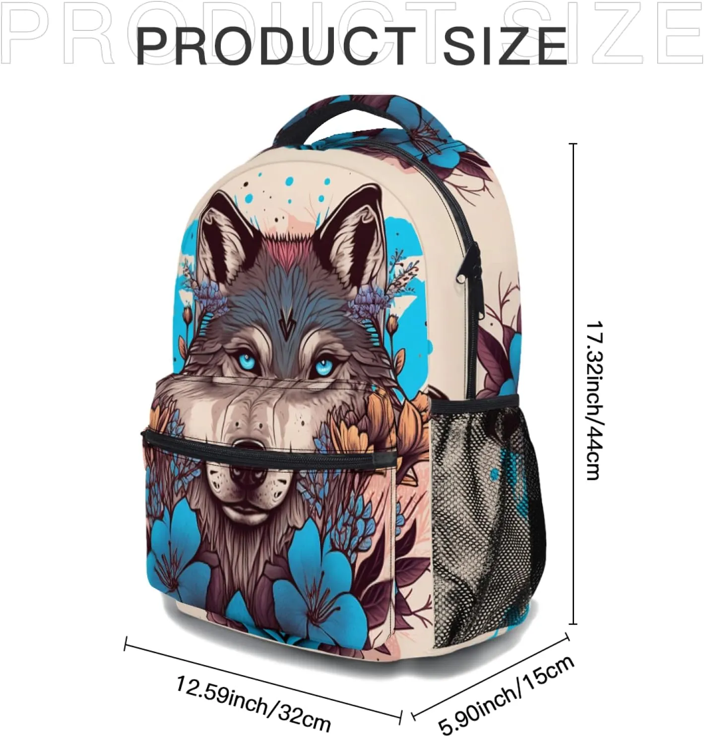 Fashion Wolf Backpack for Boys Girls Preppy Cream Colored Durable Casual Basic Kids Bookbag Cute Blue Floral Lightweight School Bag for Teens Students Travel Hiking Camping Daypack