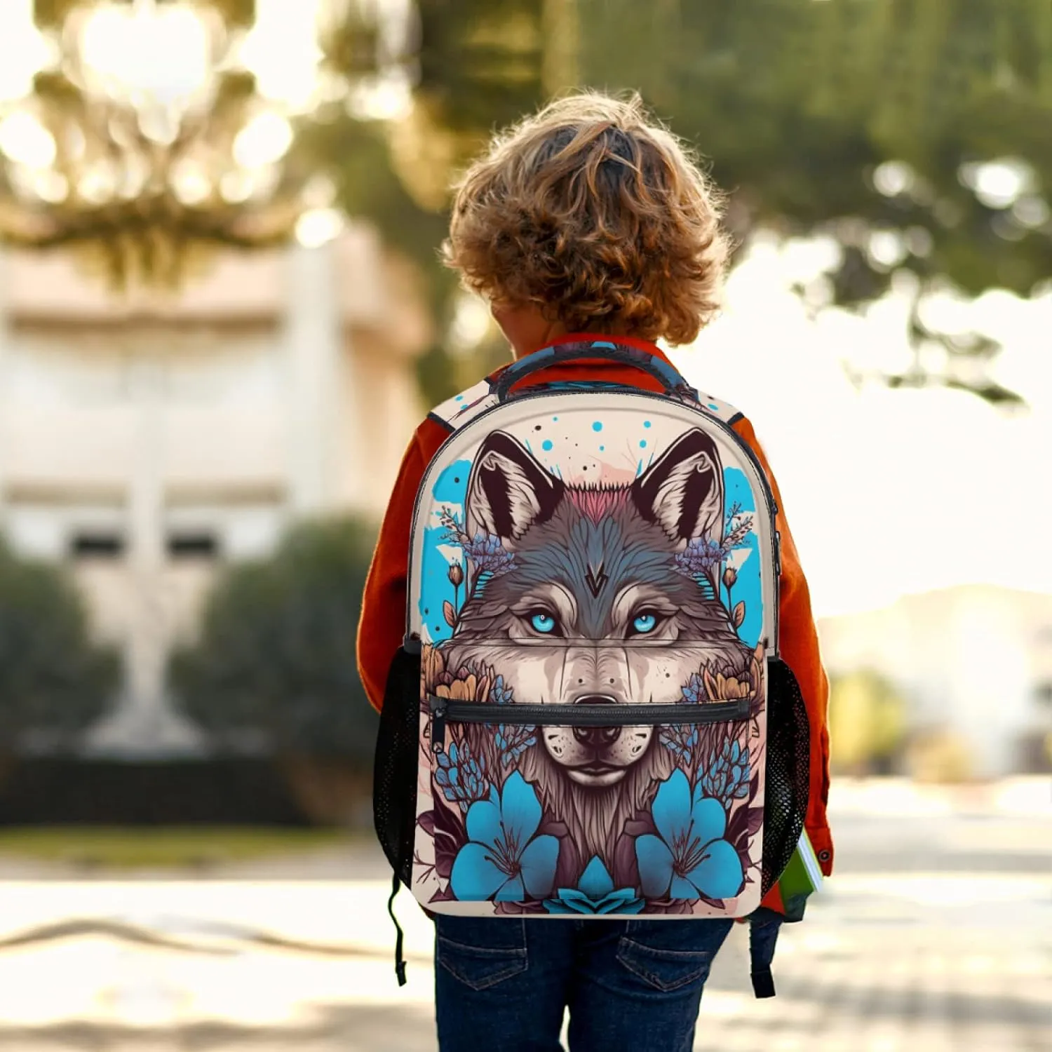 Fashion Wolf Backpack for Boys Girls Preppy Cream Colored Durable Casual Basic Kids Bookbag Cute Blue Floral Lightweight School Bag for Teens Students Travel Hiking Camping Daypack