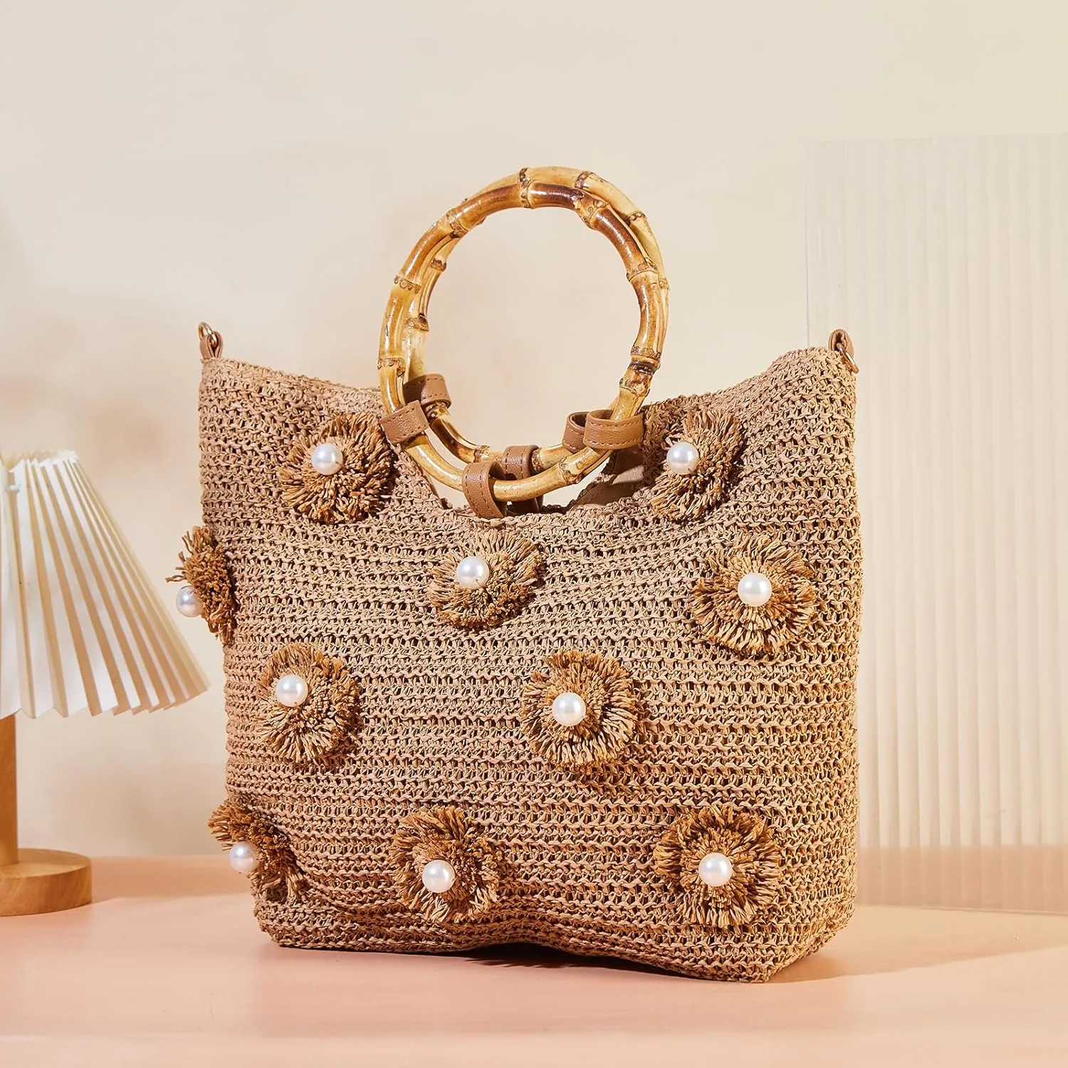 Flower Pearls Rattan Tote Bag Summer Beach Drawstring Straw Bucket Bag Diamonds Woven Handbag