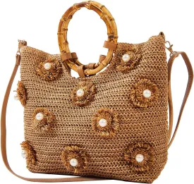 Flower Pearls Rattan Tote Bag Summer Beach Drawstring Straw Bucket Bag Diamonds Woven Handbag