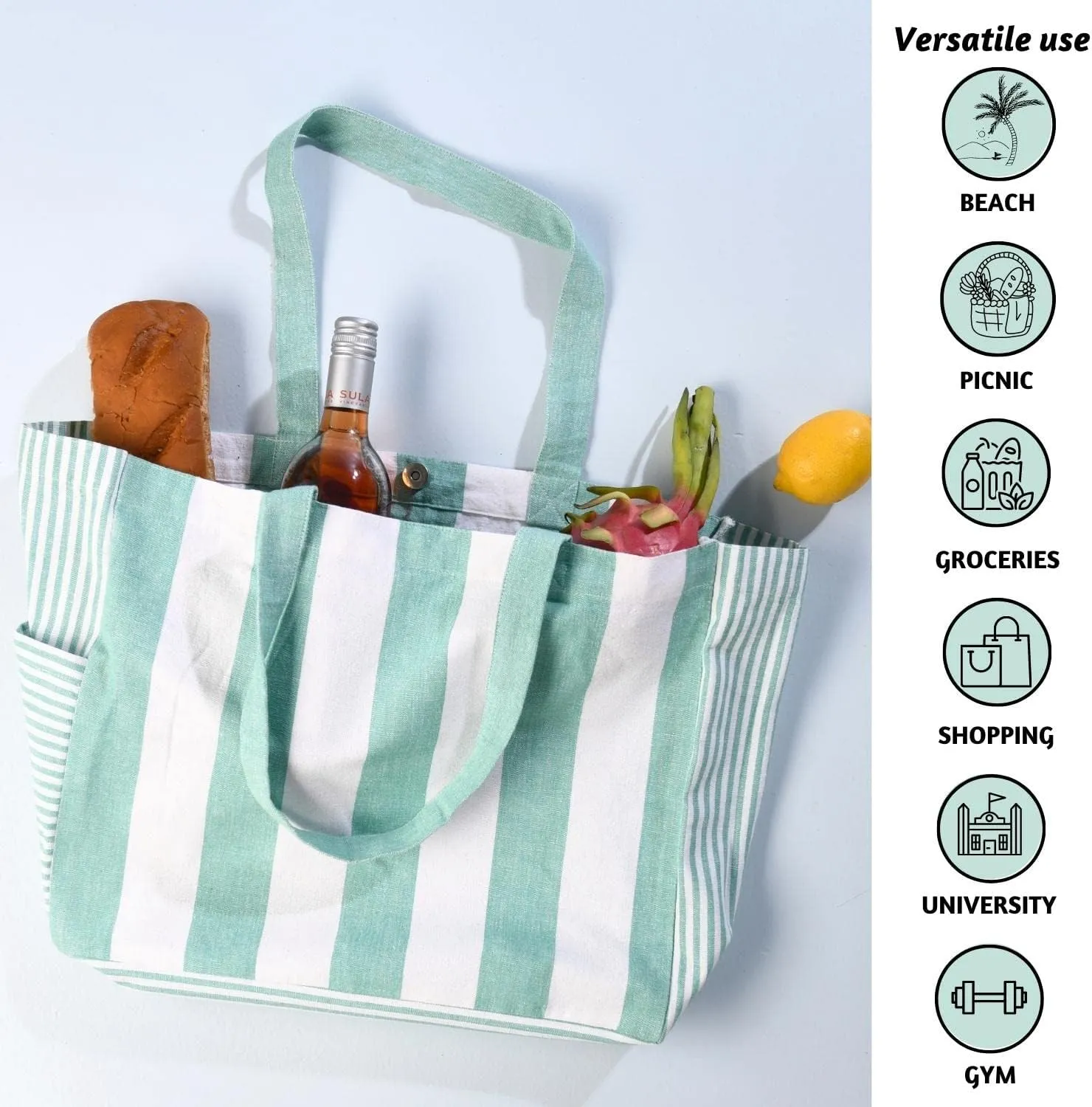 Folkulture Beach Bag for Women | 17 x 14 Inch - 100% Cotton Beach Tote Bag with Zipper Pocket Inside, Large Woven Pool Bag