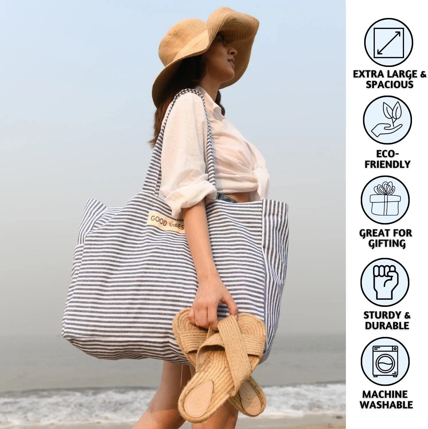 Folkulture Beach Bag for Women | 17 x 14 Inch - 100% Cotton Beach Tote Bag with Zipper Pocket Inside, Large Woven Pool Bag