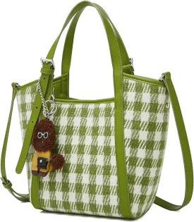 FOXLOVER Checkered Fabric Top-Handle Handbags for Women Small Bucket Basket Crossbody Purse with Doll