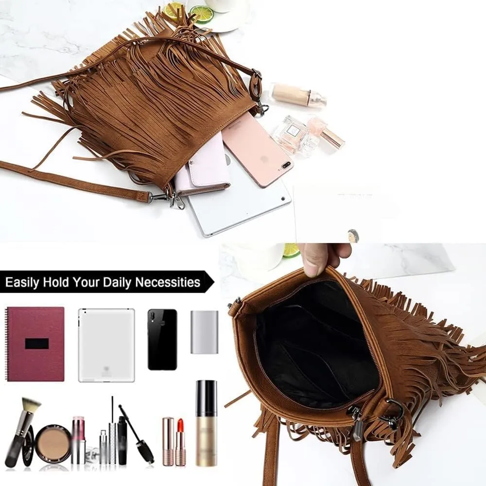Fringe PU Leather Crossbody for Women Satchel Handbag Shoulder Hobo Purse Tassel Boho Bags Handbag