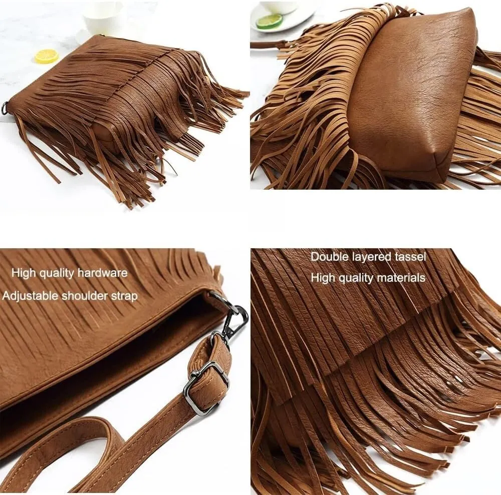 Fringe PU Leather Crossbody for Women Satchel Handbag Shoulder Hobo Purse Tassel Boho Bags Handbag