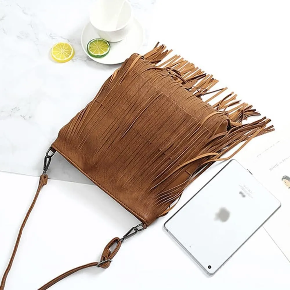 Fringe PU Leather Crossbody for Women Satchel Handbag Shoulder Hobo Purse Tassel Boho Bags Handbag