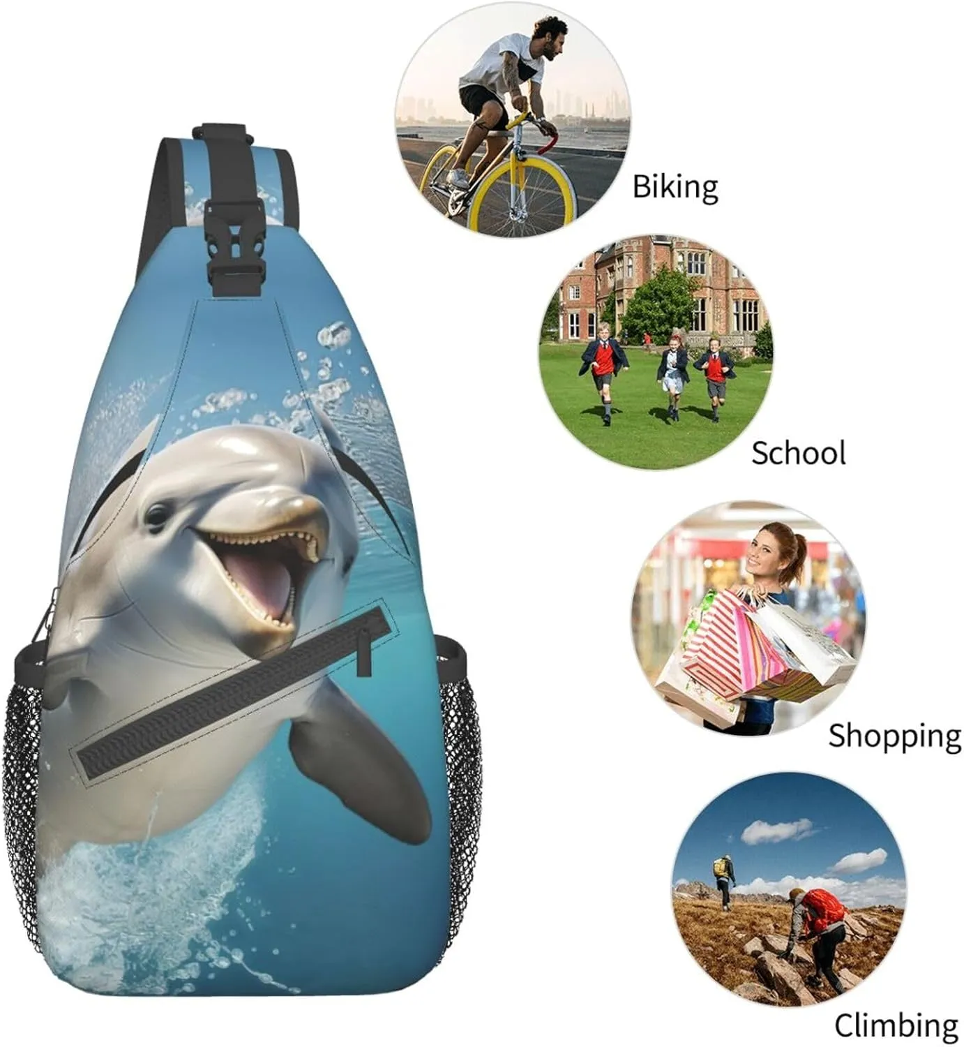 Funny Animal Dolphin Shoulder Bag Crossbody Backpack Chest Bag Lightweight Sling Daypackstravel Hiking Cycling For Men Women