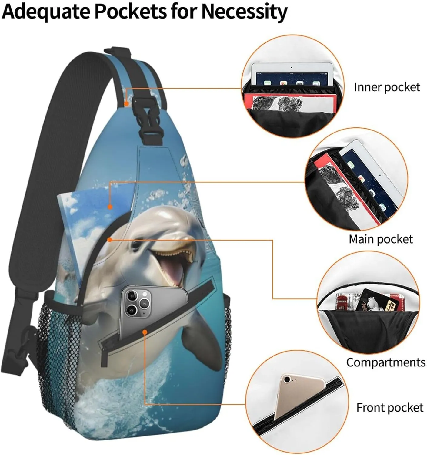 Funny Animal Dolphin Shoulder Bag Crossbody Backpack Chest Bag Lightweight Sling Daypackstravel Hiking Cycling For Men Women