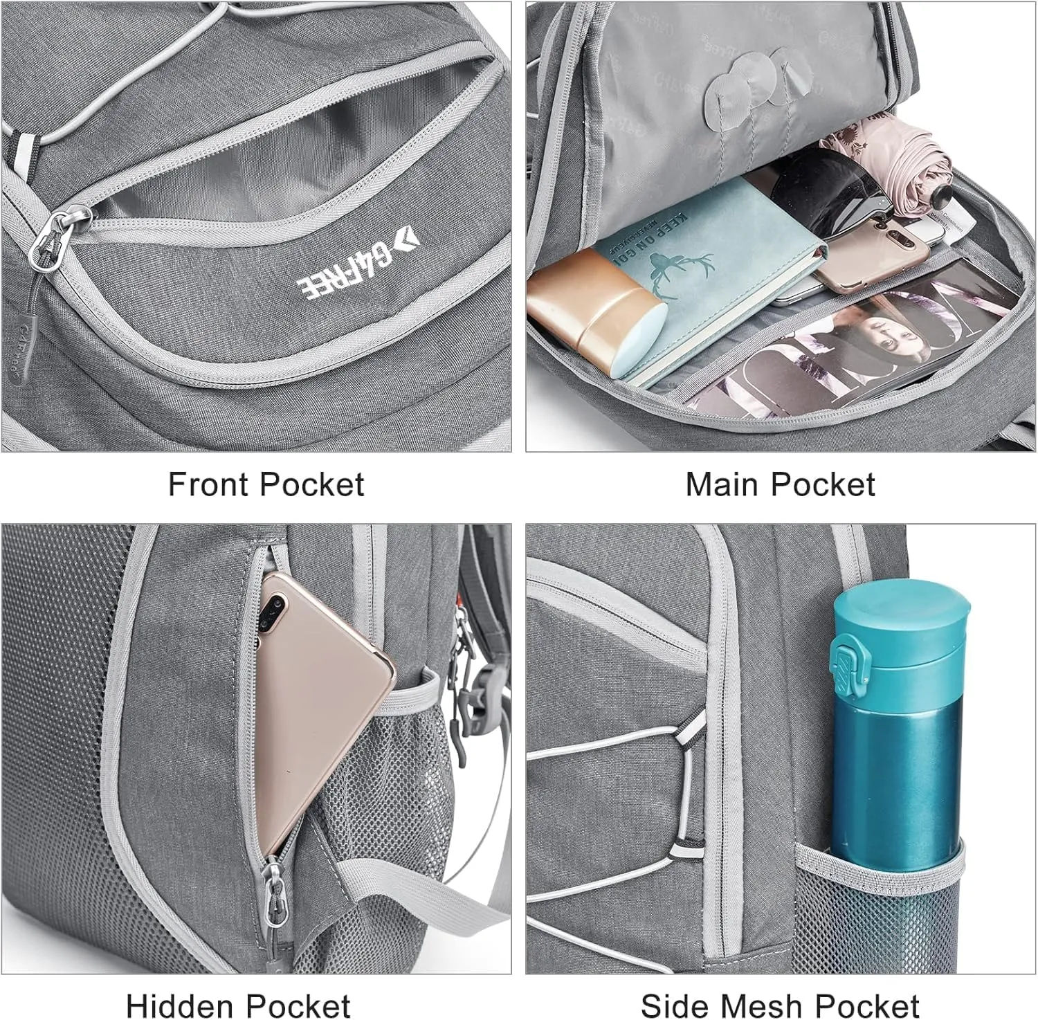 G4Free Mini 12L Hiking Backpack RFID Small Rucksack Compact Multipurpose Daypacks for Men Women Camping Walking Daytrip, Light Grey