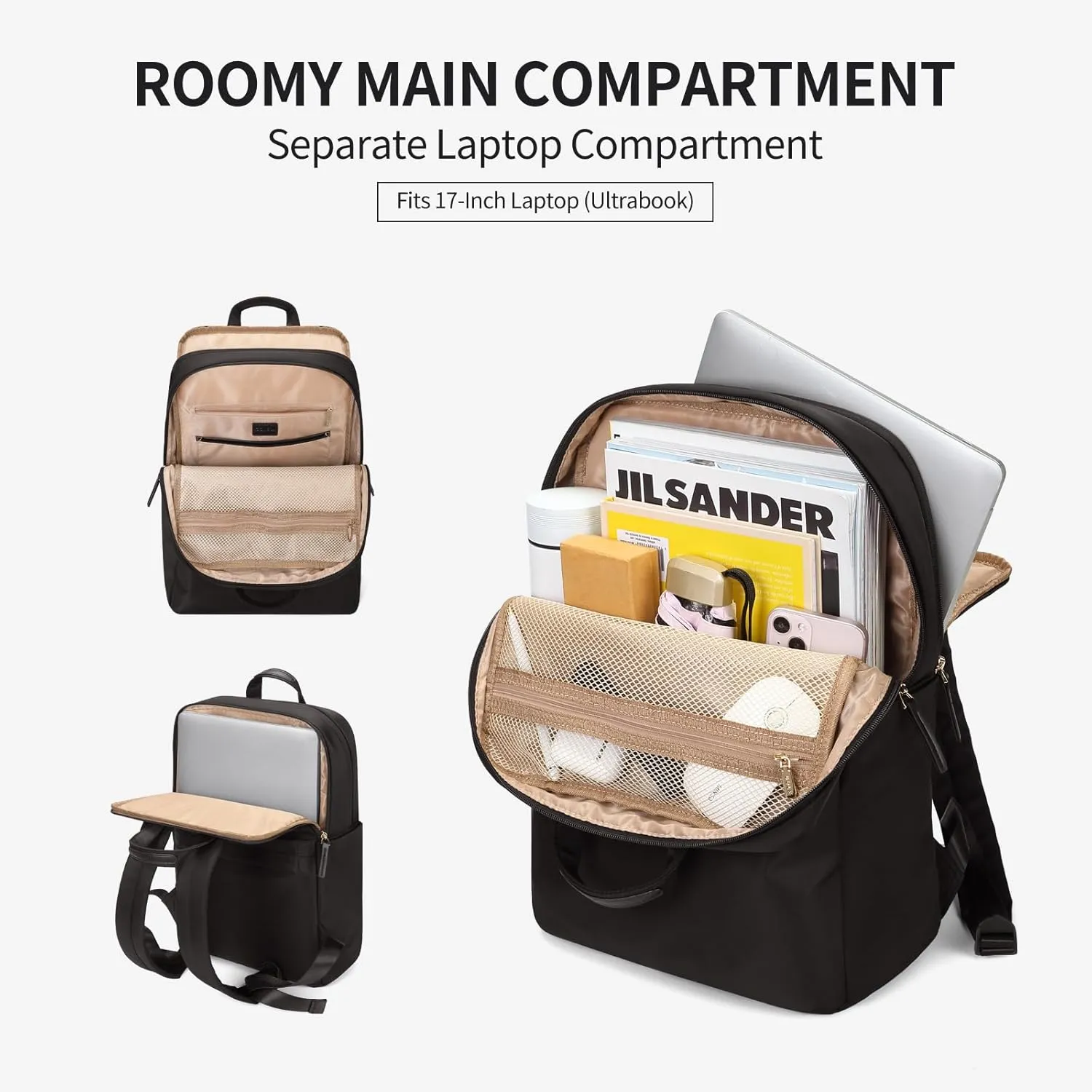 GOLF SUPAGS Travel Laptop Backpack for Women Anti Theft Slim Durable College Bookbag Business Computer Bag Fit 17Inch Notebook (Black, 17Inch)