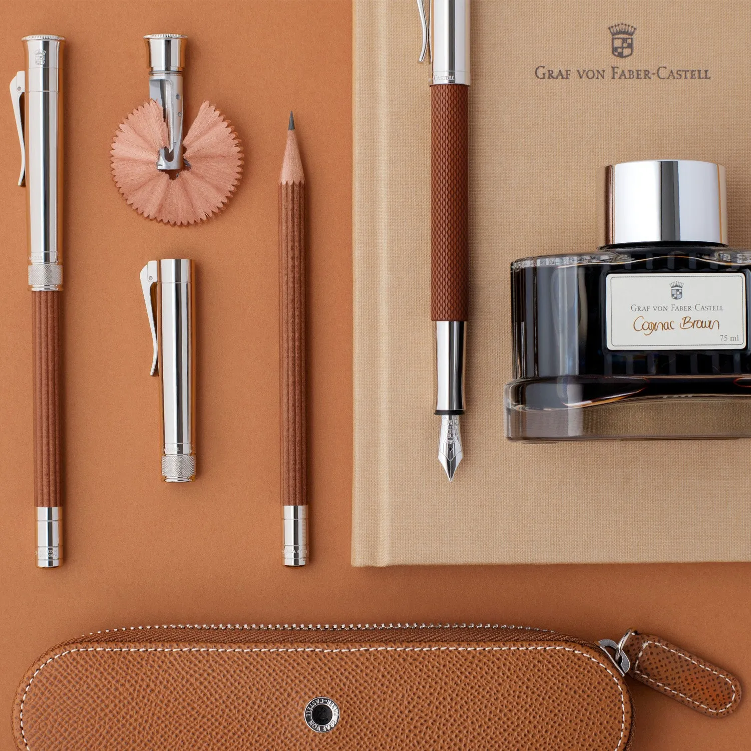 Graf Von Faber-Castell Epsom Leather 2 Pen Holder with Zip - Cognac