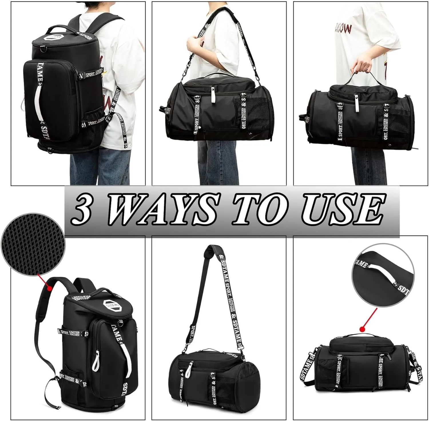 Gym Duffle Bag Backpack with Shoe Compartment,4 ways Travel Backpack for Women and Men,Multi-Functional Weekender bag with Waterproof Layer&Laptop Compartment for Fitness, Travel,Camping