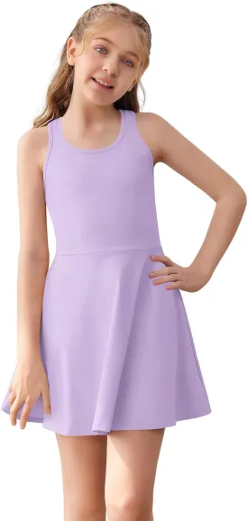 Haloumoning Girls Sleeveless Tennis Dress Kids Racerback Golf Dress School Sports Dresses Outfit with Shorts Pockets
